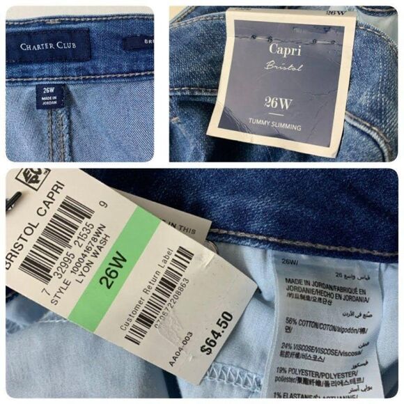Charter Club Plus Bristol Mid Rise Slimming Capri Jeans 26W Lyon Wash - Picture 5 of 9